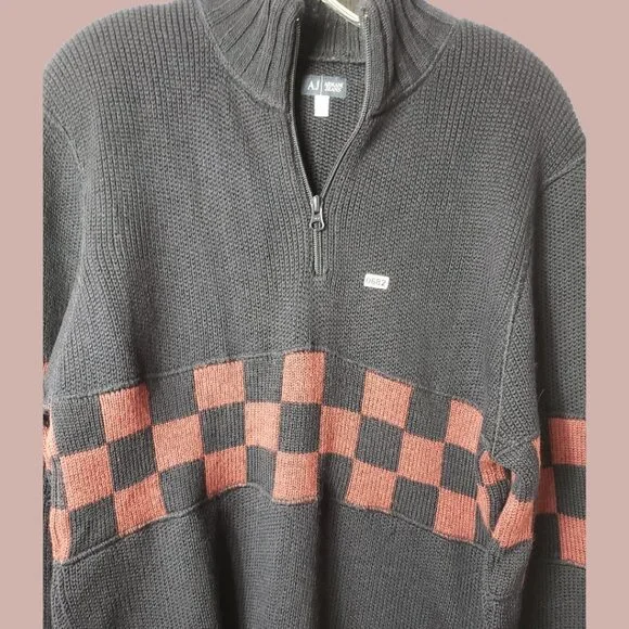Armani Jeans Vtg Mens Black & Red Checkered Half-Zip Sweater Made In Italy Large